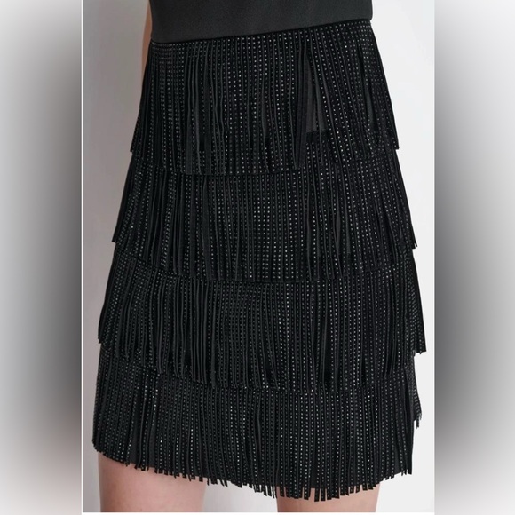 DKNY Women’s Black Fringe Dress with Tiered Design - Picture 3 of 9